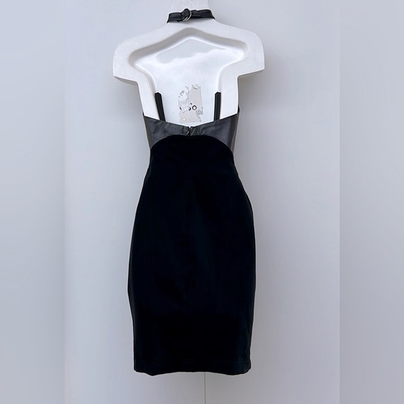 BEBE | Genuine Leather Knot Halter Black Sheath Dress - Picture 5 of 11